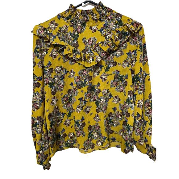 KOREAN Spring Floral Golden Multicolored Blouse with Ruffles and Puff Sleeves XS - Picture 1 of 6